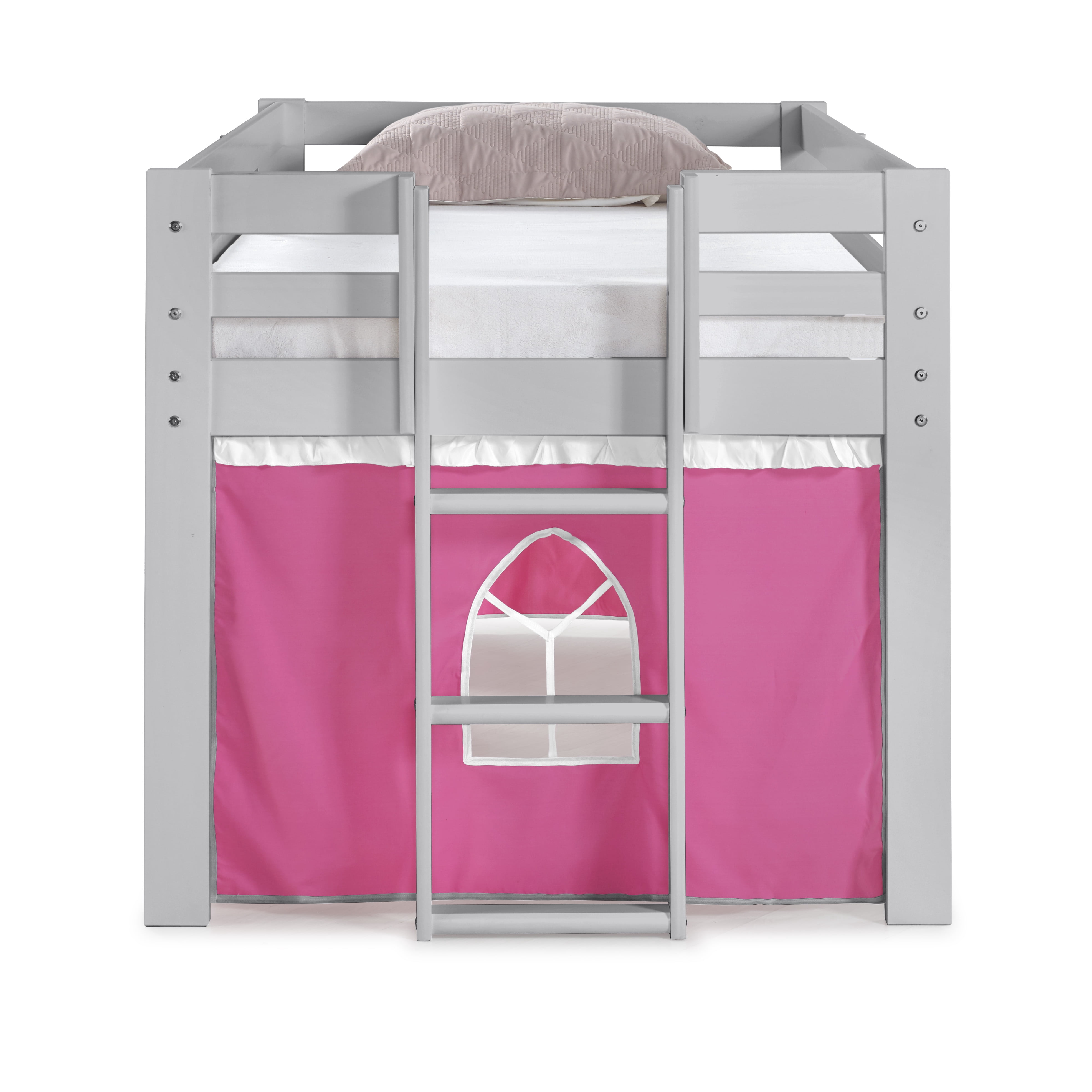Alaterre Furniture Jasper Twin Junior Loft Bed, Dove Gray Frame and Pink/White Bottom Playhouse Tent