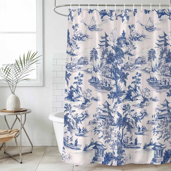 Blue Garden Retro Shower Curtain Set, Waterproof Shower Curtains for Bathroom, Modern Art Building Tree Boat Washable Fabric Cloth Bath Curtain for Bathtub Decoration with Hooks 48x72 Inches