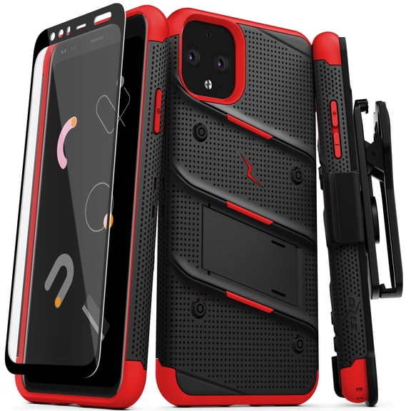 ZIZO BOLT Series Google Pixel 4 XL Case | Heavy-duty Military-grade Drop Protection w/ Kickstand Included Belt Clip Holster Tempered Glass Lanyard (Black/Red)
