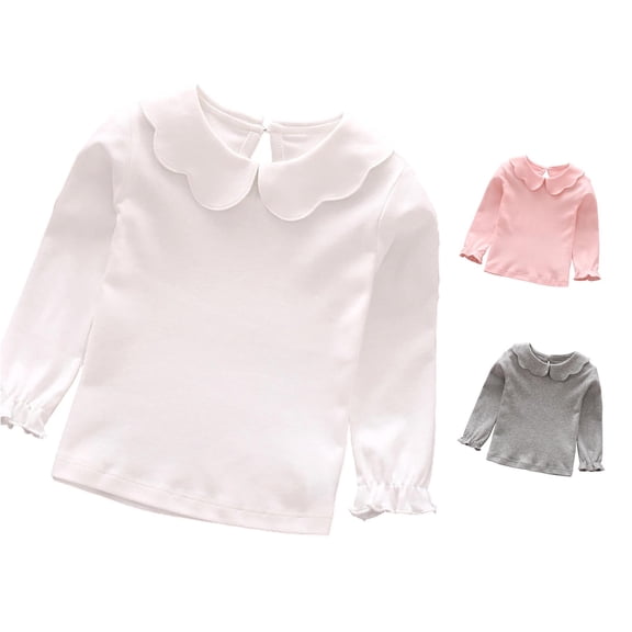 Trendfront Toddler Girls Scalloped Peter Pan Collar T Shirts Long Sleeve Ruffle Top Solid Color Cute School Uniform Blouse