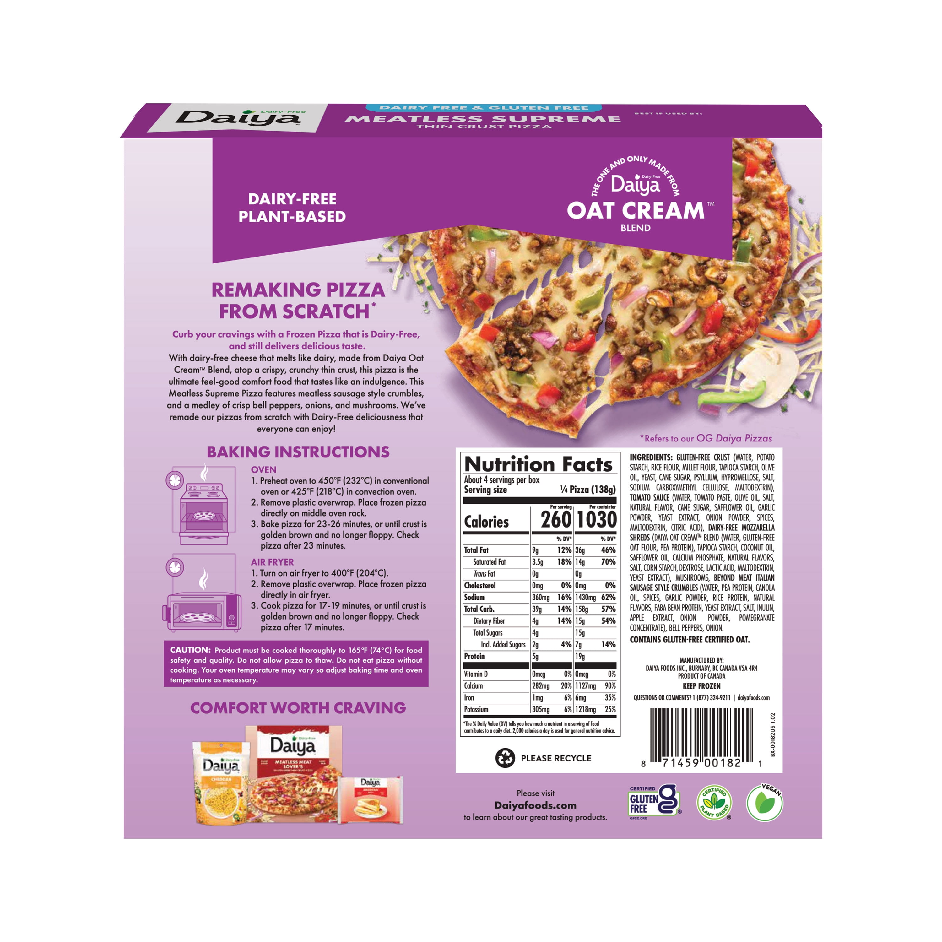 Daiya Dairy Free Gluten Free Meatless Supreme Pizza, Vegan, 19.4 oz (Frozen)