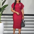 thumbnail image 2 of AURA Plus Size Bodycon Midi Dress High Waist Round Neck Short Sleeve Elegant Office Dress with Brooch Zipper, 2 of 10