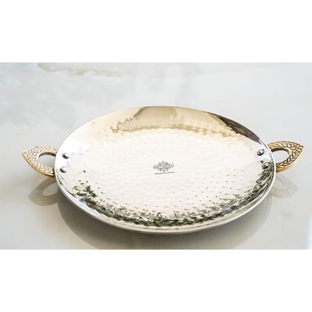 Indian Art Villa Handcrafted Stainless Steel Hammered Tawa with Brass Handle, Silver, Cookware – 22.8 cm Diameter