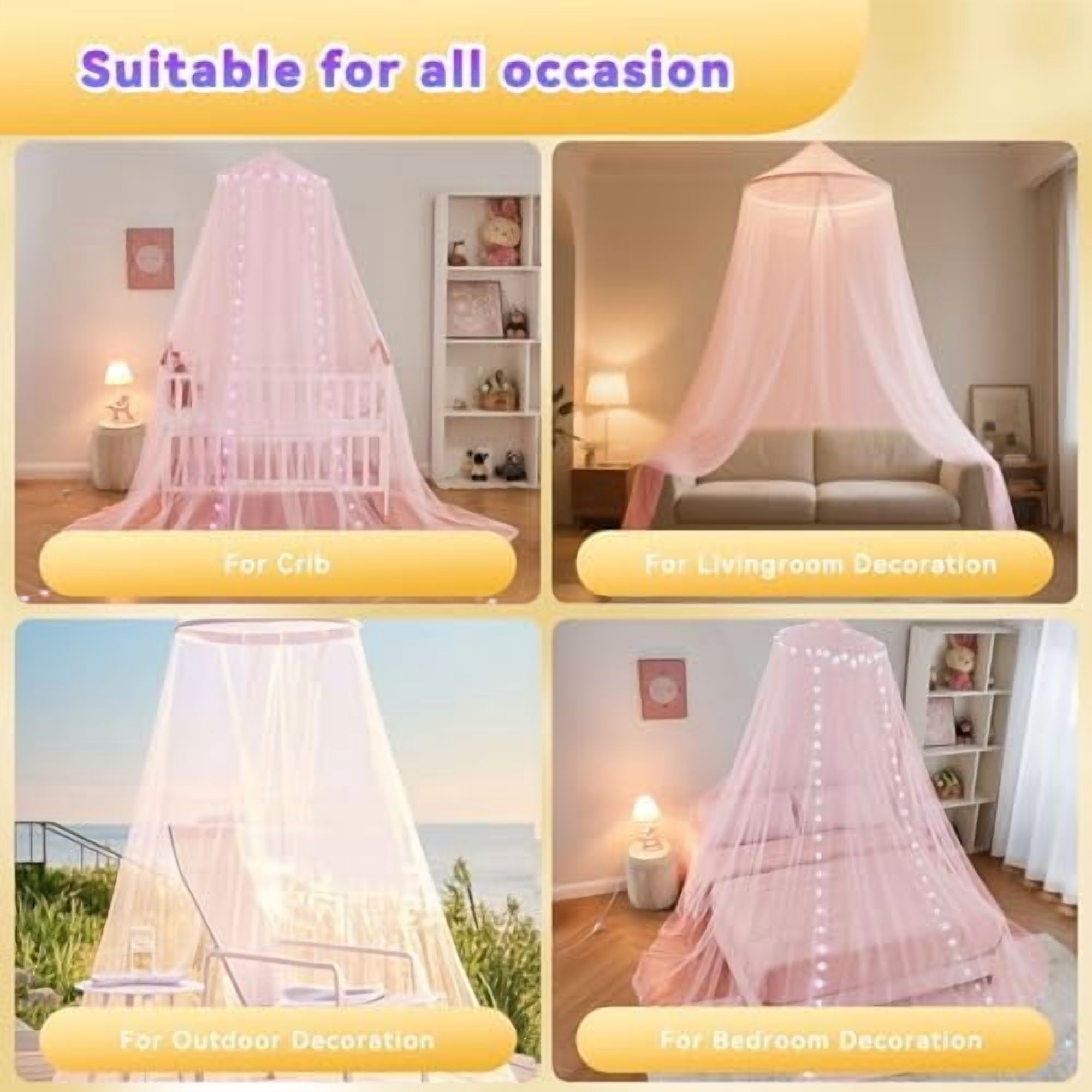 Pink Bed Canopy for Girls, Bedroom Decor Princess Canopy Bed Curtain with Lights, 100 LED Star Fairy String Lights Hanging Dome Bed Tent with Remote for Twin to King Size Bed