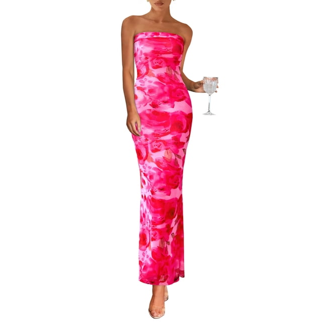 Vestido largo PRETTYGARDEN para mujer, ajustado sin tirantes, rosa con estampado floral