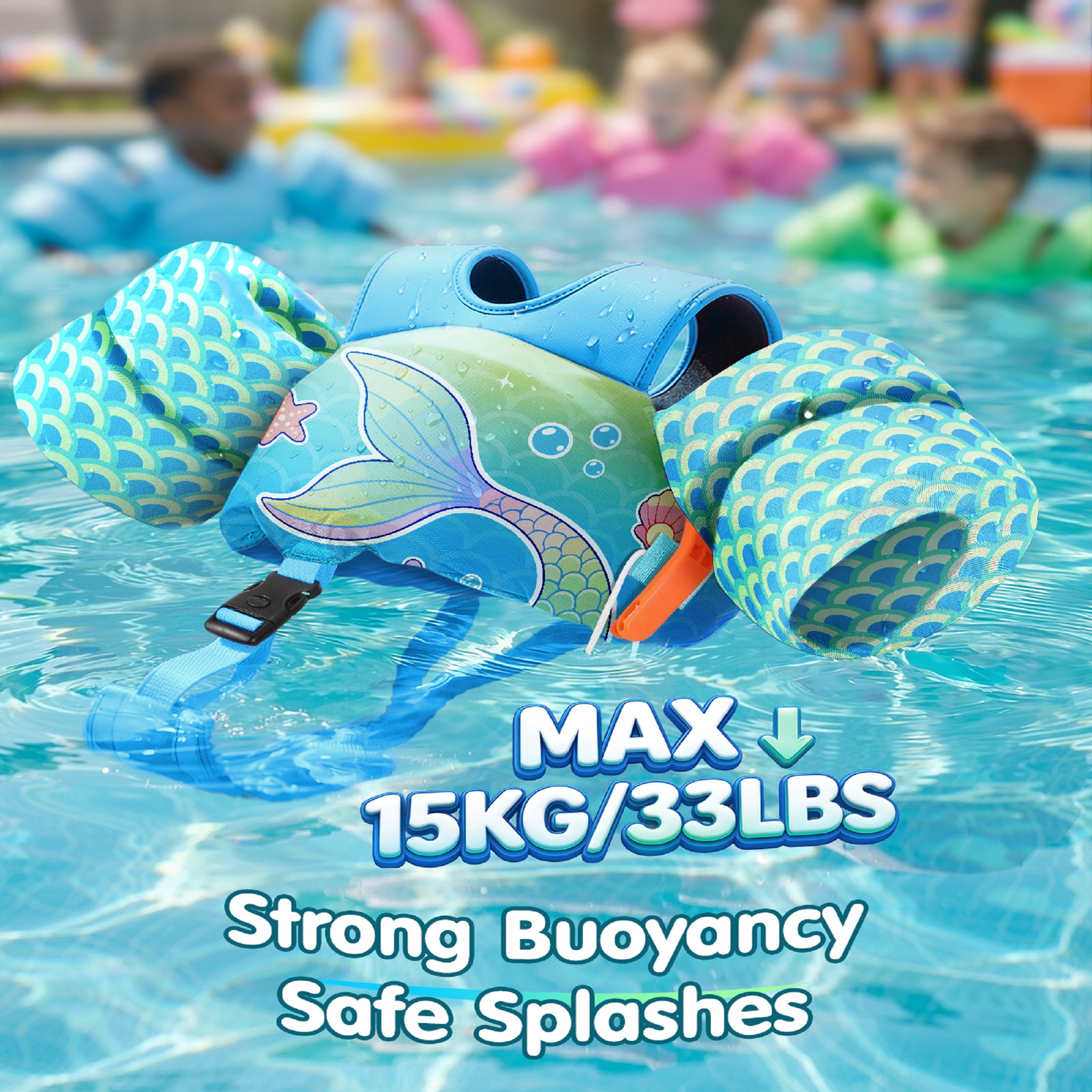 HeySplash Swim Vest For Kid,Arm Floaties with Adjustable Strap Fit 22-30 Lbs,Pool Sea Swimming Aid,Blue Fishtail