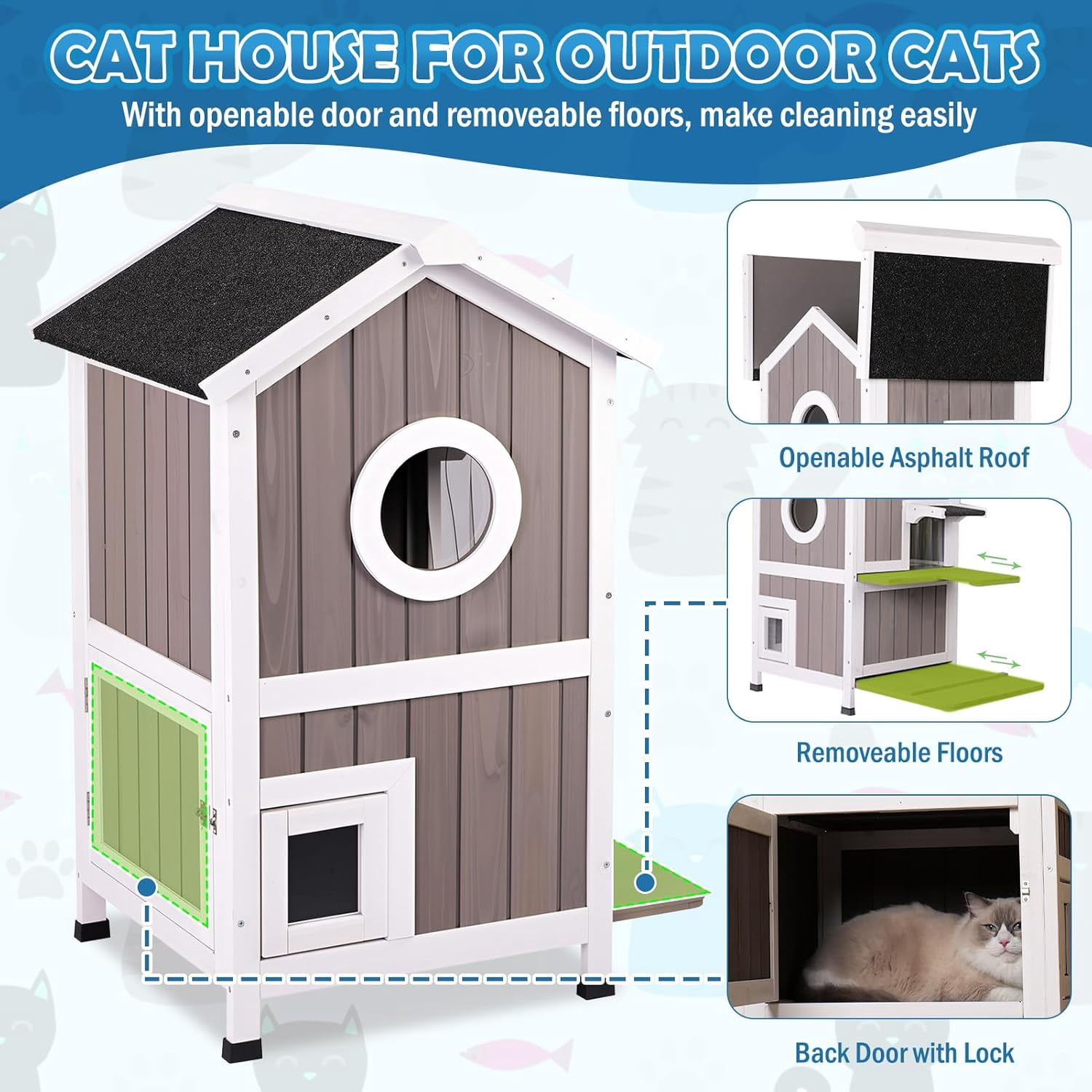 2 Story Outdoor Cat House for Winter Weatherproof Feral Cat Enclosure Shelter with Escape Door Balcony Openable Roof