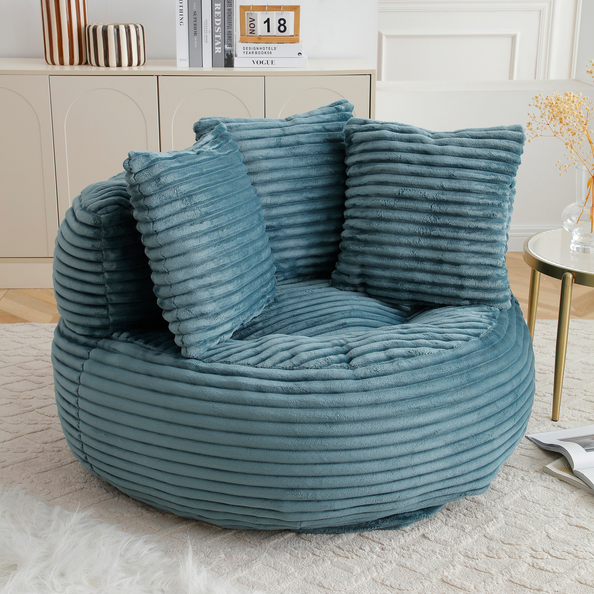 MDQMD 45"Oversized Bean Bag Chair Round with Armrests Corduroy Fabric 3 Pillows Comfy Lazy Sofa for Adults Giant Bean Bag Chair for Living Room Bedroom Gaming Reading Nook Dark Blue