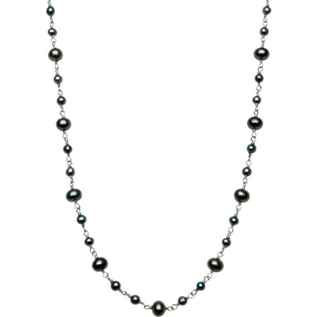 3-4mm and 5-6mm Dyed Black Cultured Freshwater Pearl Sterling Silver Tin Cup Necklace, 18