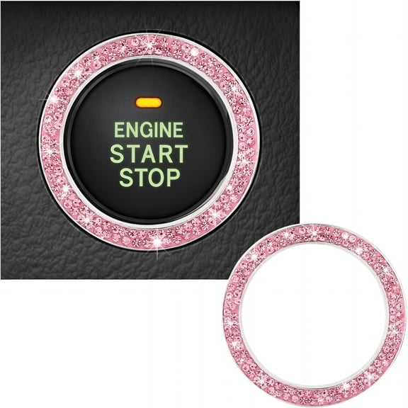 RIONIMA Crystal Double Diamond Car Engine Start Decoration Ring,Sparkling Push Start Button Sticker,Key Ignition&Knob Ring Decoration,Car Interior Accessory(Pink)