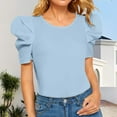 thumbnail image 2 of Delayuji Women's Short Puff Sleeve Women's Round Neck Short Puff Sleeve Blouse Tops Womens Tops Summer Puff Sleeve Tshirts Blue L Nylon,Spandex Short Sleeve Shirts for Women, 2 of 4