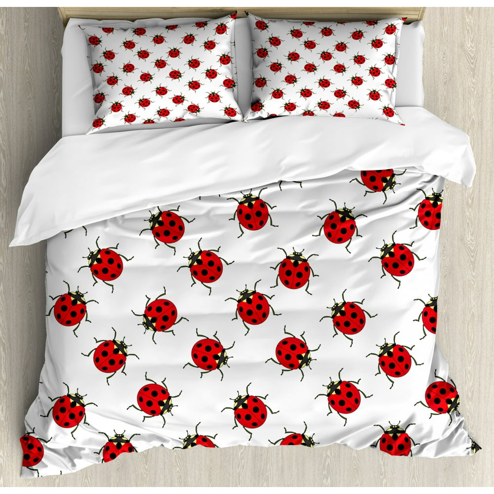 Ladybugs Queen Size Duvet Cover Set, Ladybugs Pattern Bunch of Bugs