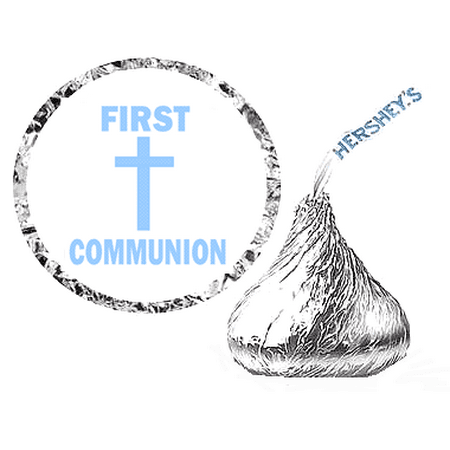 - 216 Blue First Communion Party Favor Hershey's Kisses Stickers / Labels