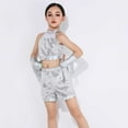 thumbnail image 6 of XIMIN Girls Two Piece Sleeveless Dancewear Metallic Sequin Latin Dance Outfit Set with Tassel Gloves Shiny Halter Crop Top Holographic Short (3-4 Years, Silver), 6 of 8
