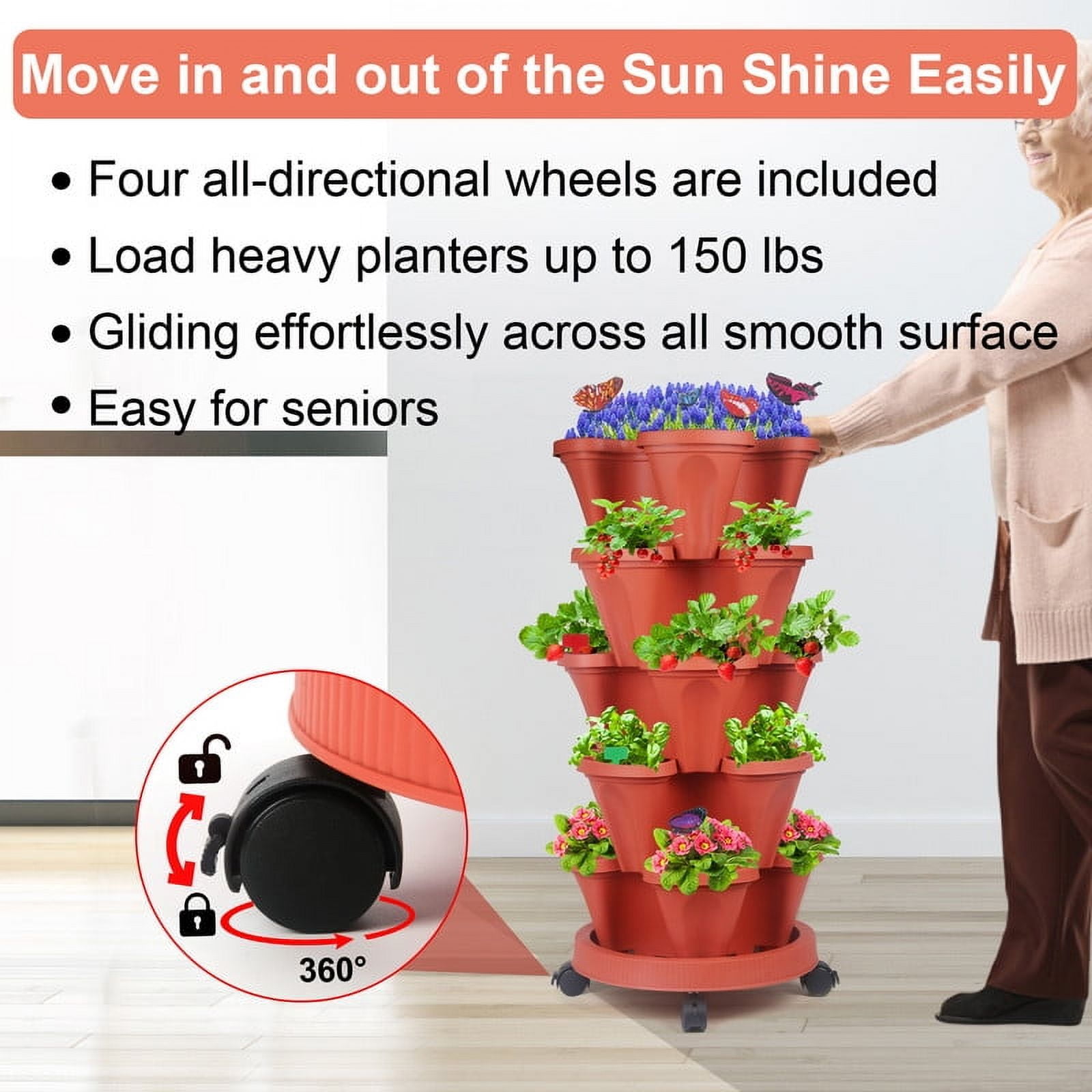 2 Pack of 5 Tier Stackable Planter Vertical Garden With Various Accessories for Vegetables, Flowers, Herbs, Succulents, Microgreen Gardening - Red