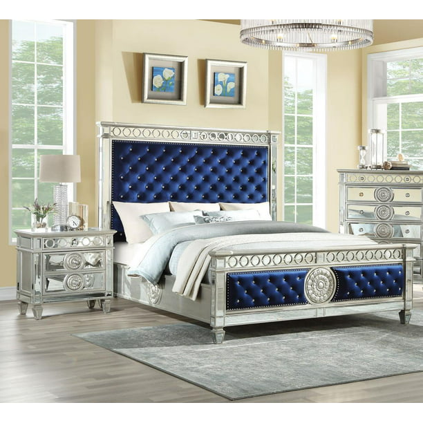 Blue Velvet Mirrored Queen Bedroom Set 3 Pcs Acme Furniture 26150q Varian Walmart Com Walmart Com