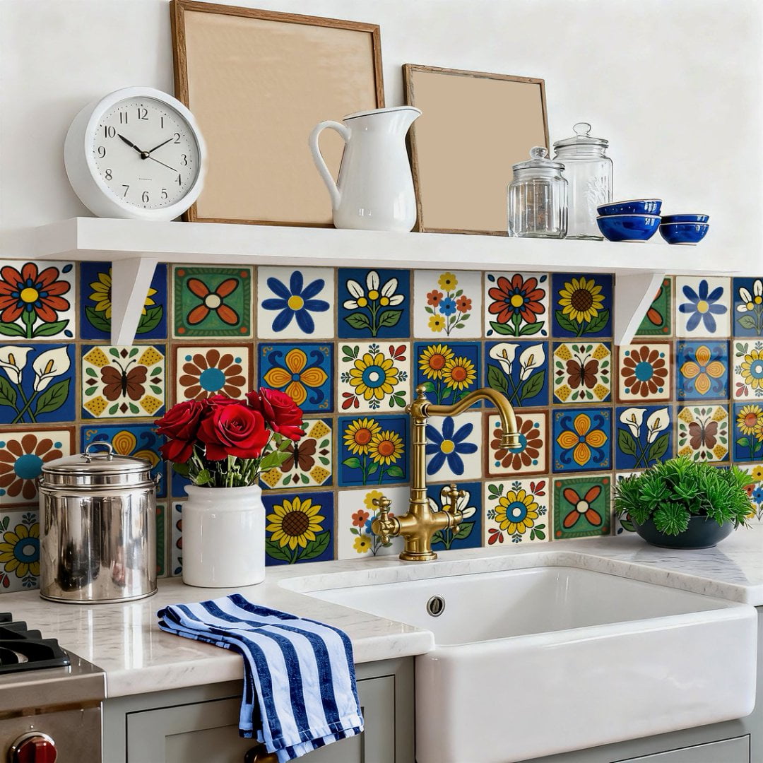 12 Sheet Tile Sticker Waterproof Peel and Stick Backsplash Multicolor Flower Wall Stickers Self-Adhesive DIY Decals 5.9" x 5.9"