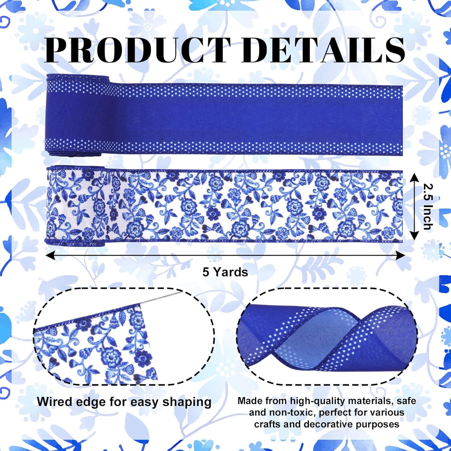Chinoiserie Blue Wired Edge Ribbon,2 Rolls (2.5 Inch × 5 Yards Each) - Royal Blue with Polka Dot & Floral Vine Pattern Linen Ribbon for Wreaths, Crafts, Bows, Wedding Decorative