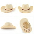 thumbnail image 3 of EINSKEY Straw Cowboy Hat with Fringe Shapeable Brim, Beach Cowgirl Hat with Chin Strap, Beige, 3 of 7