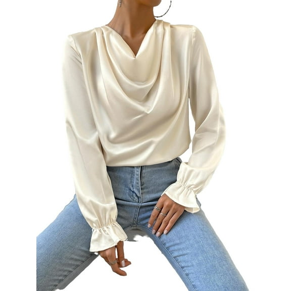 Elegant Plain Top Cowl Neck Apricot Long Sleeve Women's Blouses XS (2)