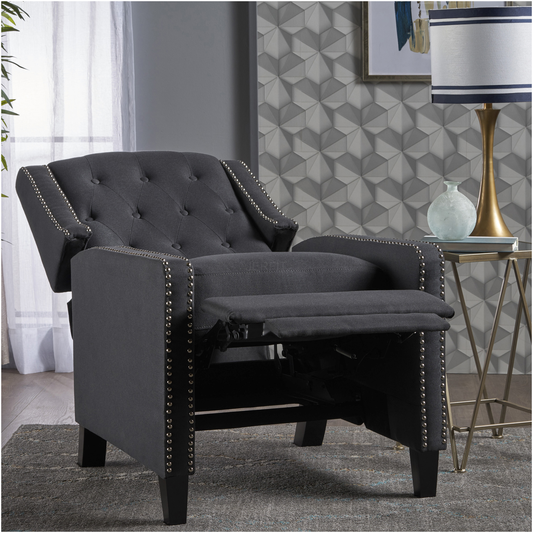 JERFIT Recliner Chair Dark Gray Fabric Push Back Reclining Armchair with Wood Legs for Living Room
