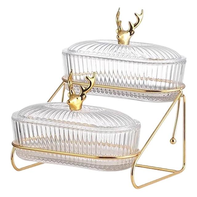 Fruit Bowl for Kitchen Counter, Candy Dish with Lids Multi Compartment Fruit Basket with Metal Rack Modern Candy Jar for Candies and Snacks Display Stand for Home Kitchen Party(Double Tiered )