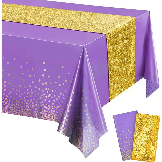 Tablecloth and Sequin Table Runner Set Polka Dots Confetti Table Cover Dining Plastic Table