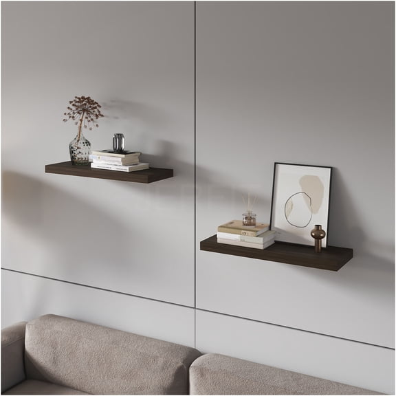 JERFIT 31.5 Inch Floating Shelves Set of 2, Walnut Wall Shelves for Bathroom, Kitchen, Living Room, Space-Saving Modern Melamine Storage & Display Shelves