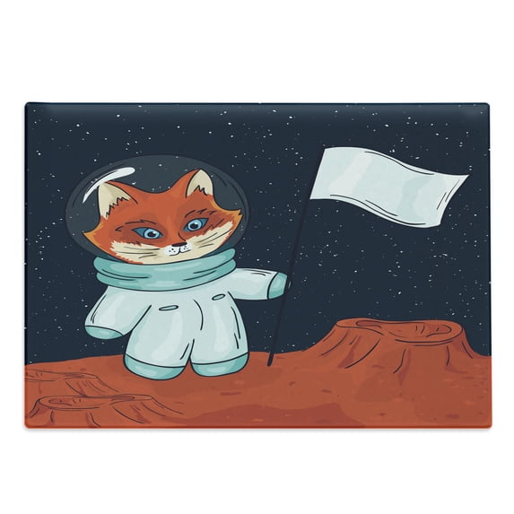 Explore Cutting Board, Fox Cosmonaut Raising a Flag on an Alien Planet Outer Space Themed Illustration, Decorative Tempered Glass Cutting and Serving Board, in 3 Sizes, by Ambesonne