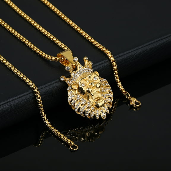Hip Hop Rhinestones Paved Bling Iced Out 14K Yellow Gold Male Lion Pendants Necklace for Men Rapper jewelry