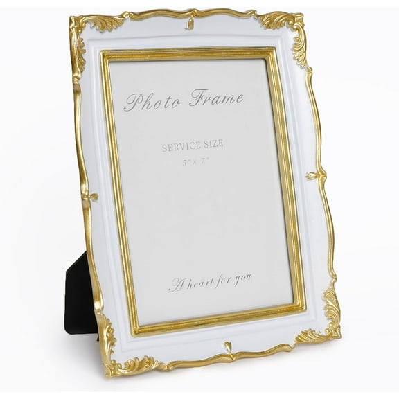 Vintage white and gold 5x7 Picture Frame, White and Gold 5 by 7 Antique Photo Frames, Ornate Textured Hand-Crafted Resin Frame with Glass Front for Tabletop Display, Retro Design Home Decor