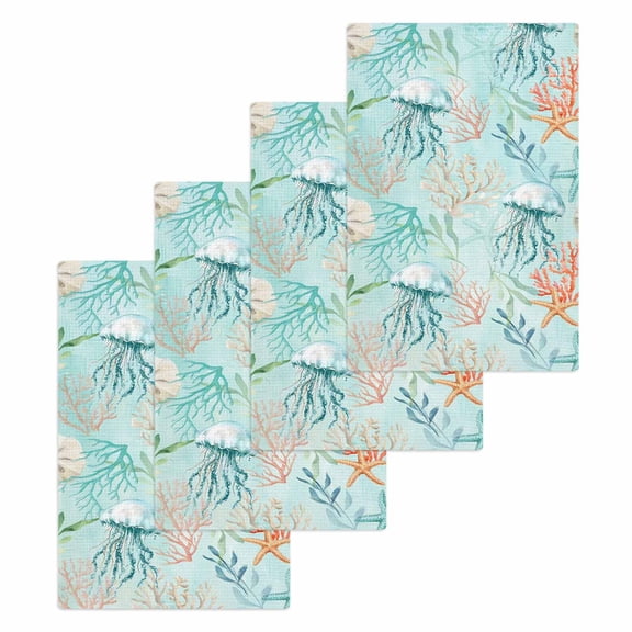 Teal Red Coastal Jellyfish Kitchen Dish Towels for Drying Dishes Set of 4, Summer Nautical Beach Coral Starfish Waffle Weave Microfiber Hand Tea Bathroom Towels Quick Dry & Absorbent Towel 15.7x23.6