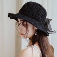 thumbnail image 2 of Qarigey Sombrero de paja con lazo, tejido ahuecado hecho a mano, cinta parasol para mujer, accesorios de verano Sombreros Negro, 2 of 6