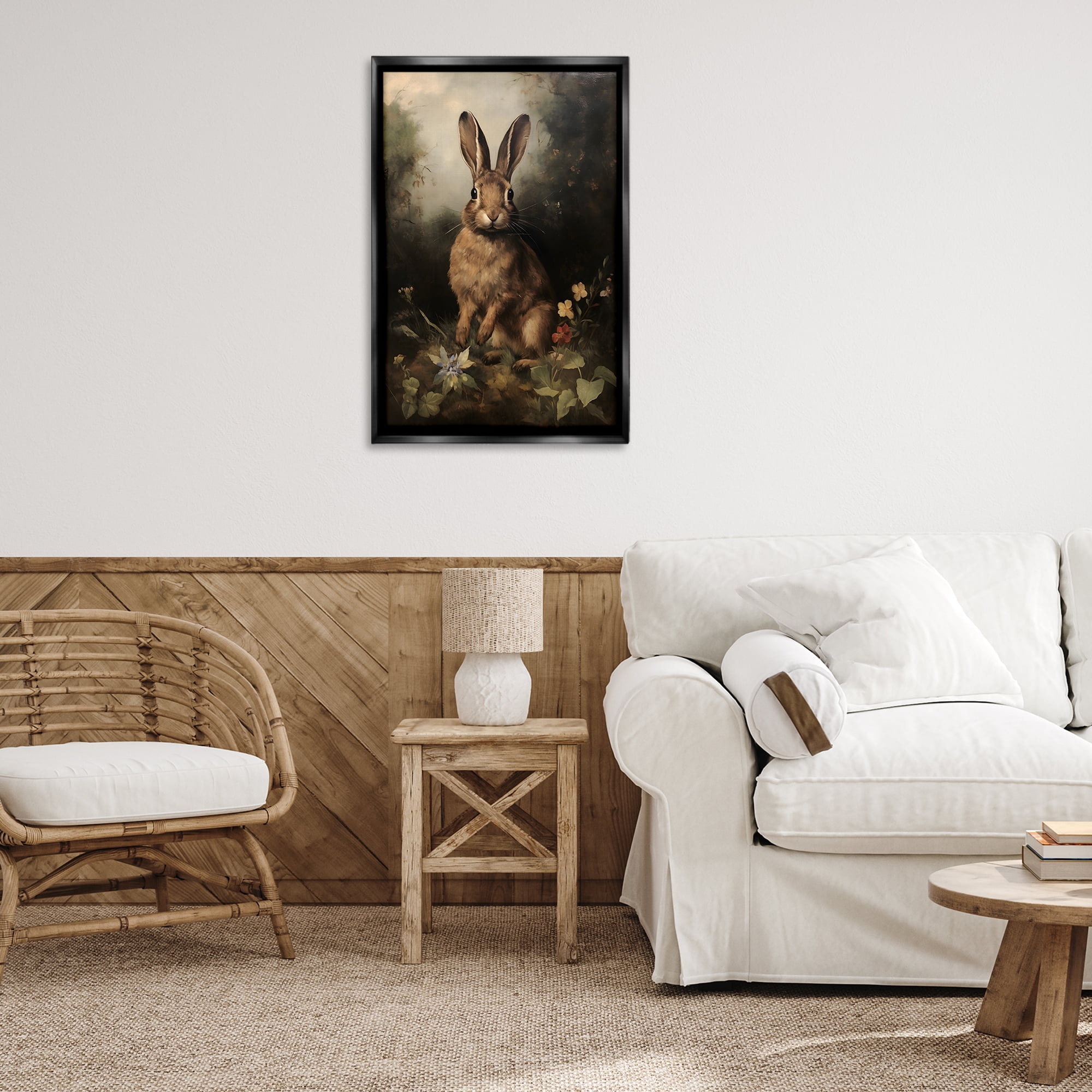 Stupell Industries Bunny in Nature Animals & Insects Painting Black Floater Framed Canvas Art Print Wall Art, 21 x 31