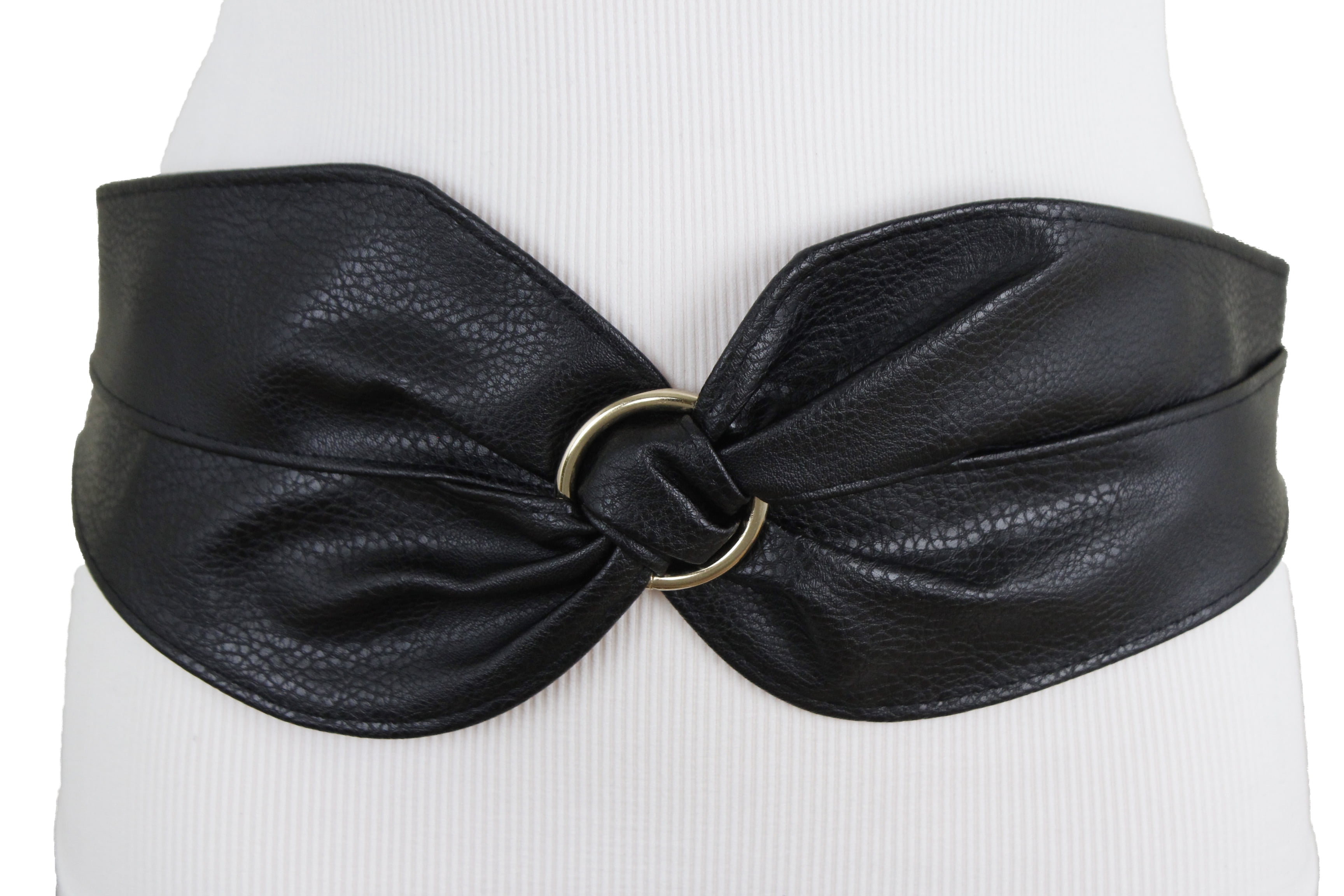 Women Black Faux Leather Braided Fabric Fashion Belt Hip Waist Round Buckle S M 