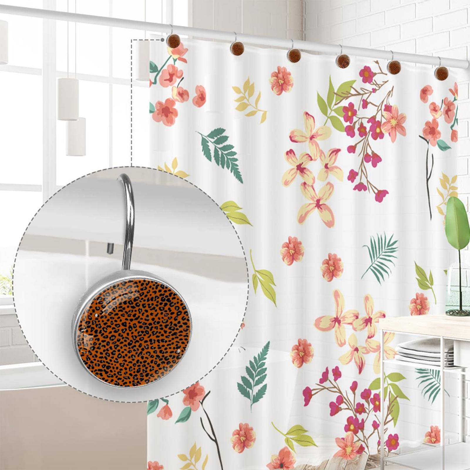 HemaKayy 12 Pcs Shower Curtain Hooks Bathroom Decorative Accessories Red Orange Leopard Pattern