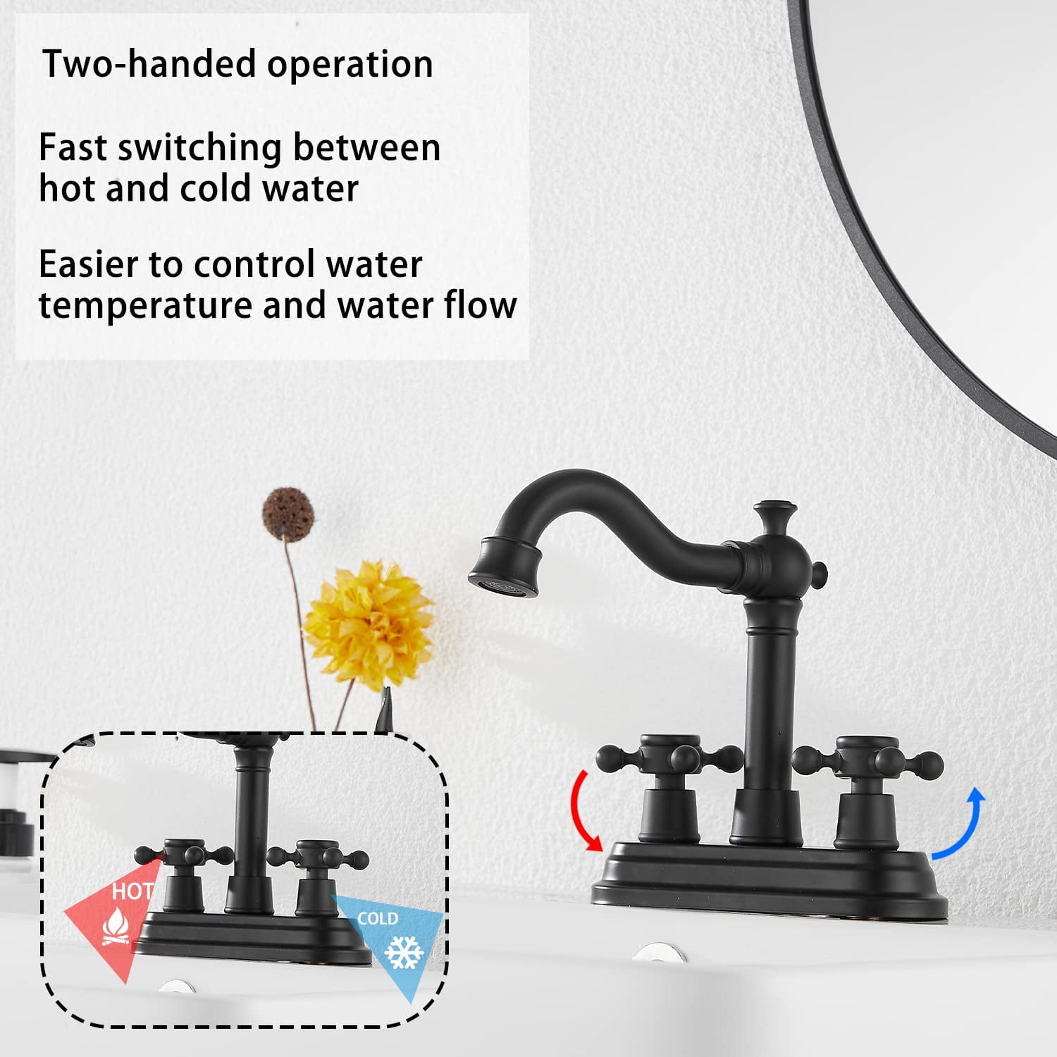 GGStudy Bathroom Faucet Matte Black 2 Handles 4 Inches Centerset RV Black Bathroom Vanity Faucet with Drain Assembly and Supply Hose Lavatory Faucet Mixer Double Handle Tap