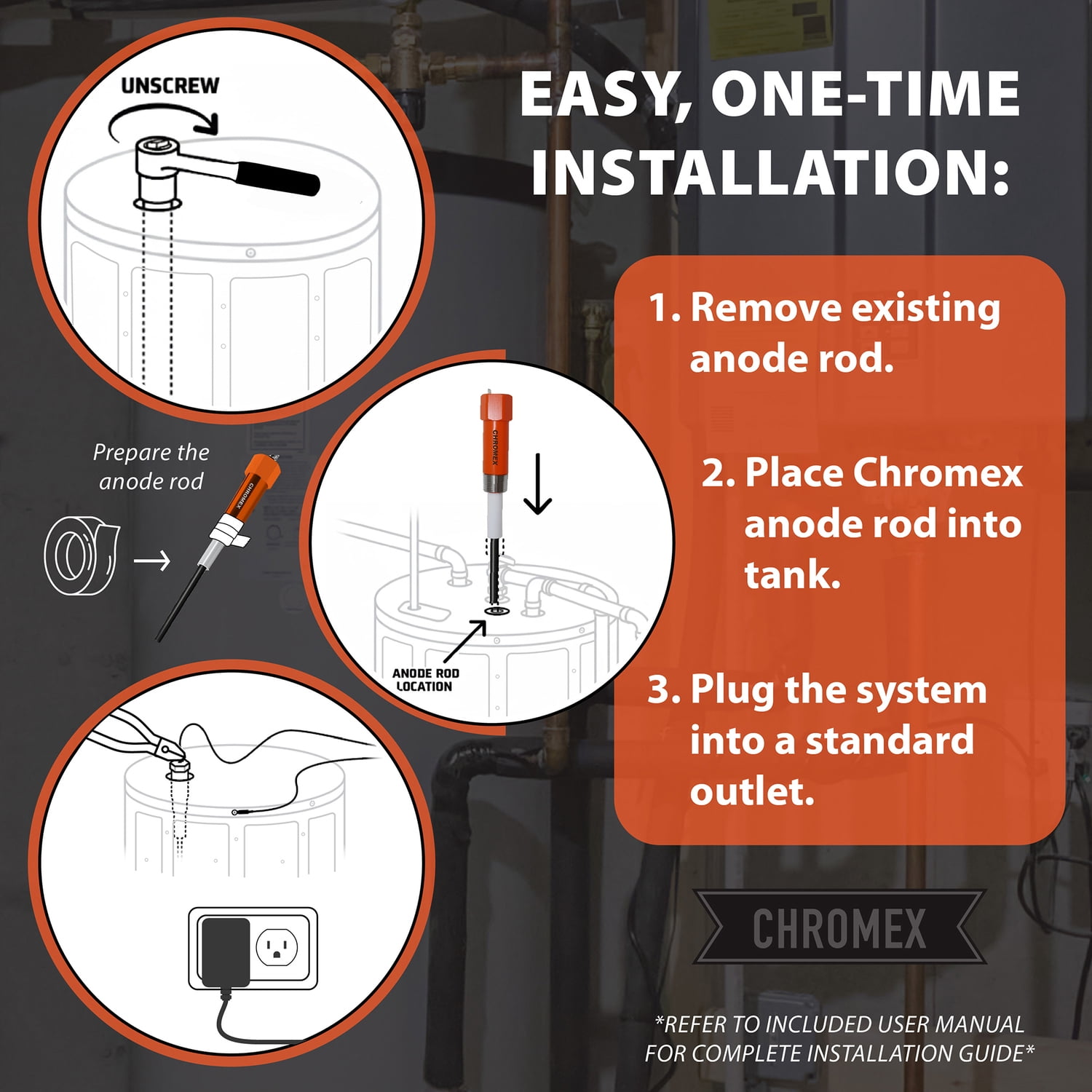 Chromex Powered Titanium Anode Rod for Most 40- to 89-Gallon Water Heaters, Removes Sulfur/Egg Smell, Corrosion, and Scale