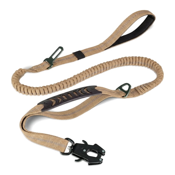 WZB Heavy‑Duty Tactical Dog Leash, 4‑6 ft Shock‑Absorbing Bungee Lead with 2 Padded Handles, Metal Carabiner & Car Seatbelt for Medium Large Dogs, Coyote Brown