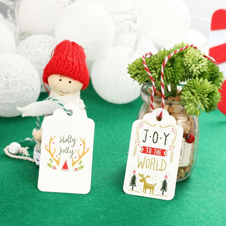SallyFashion 150 PCS Christmas Tags, Kraft Paper Gift Tags Hang Labels with  20M Red and White String, Christmas Tree、Snowflake、Reindeer Design for