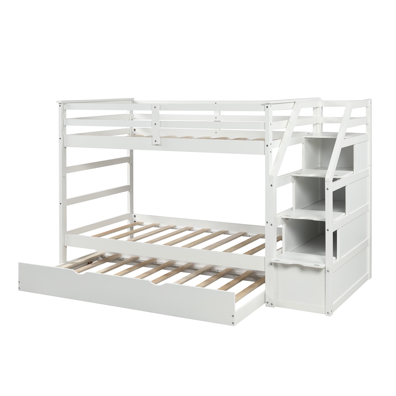 Lowestbest Solid Wood Twin-Over-Twin Bunk Bedd with Twin Size Trundle and 3 Storage Stairs - White