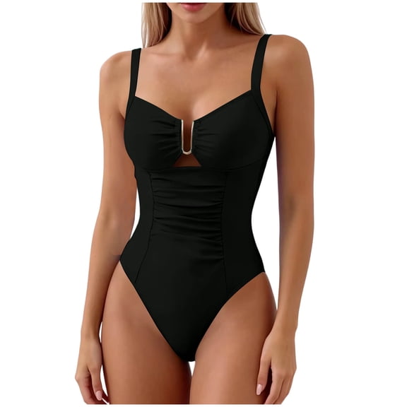 UTSJKR Women's Sweetheart Neck One-Piece Swimsuit, Ruched Tummy Control Bathing Suit with Gold U-Ring Detail Black XL