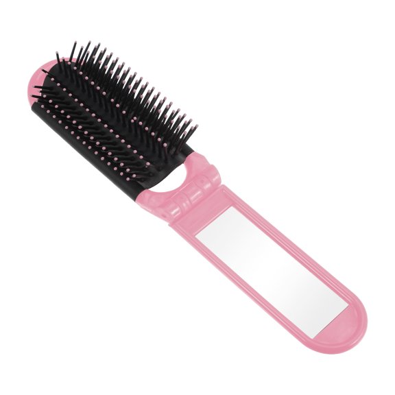 Unique Bargains 1 Pc Women's Portable Foldable Mirror Comb Travel for Curly Straight Dry Hair Pink