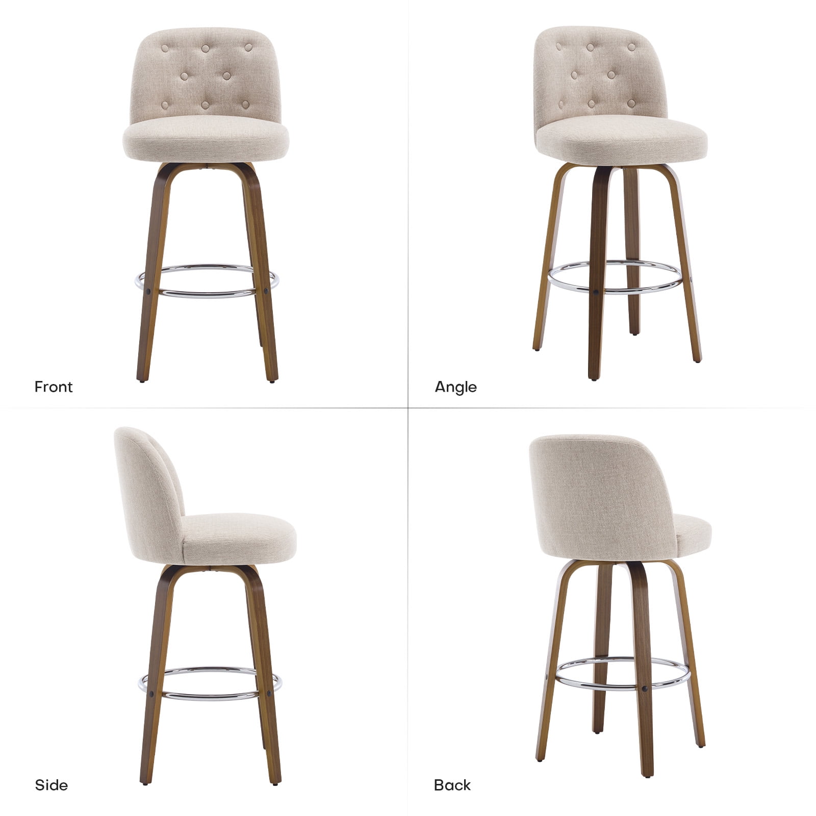 Foreate Swivel Bar Stools Set of 2, 29" Upholstered Linen Fabric with Button-tufted Mid-Back & Wood Legs, Modern Chair Kitchen Pub Island Counter Stool