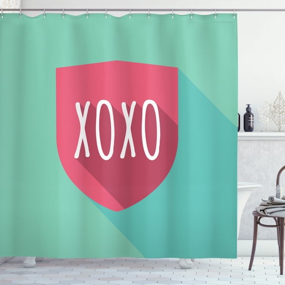 XOXO Shower Curtain, Shield Guard Emblem with Kisses Abbreviation Protection by Love, Fabric Bathroom Set with Hooks, 69W X 84L Inches Extra Long, Pale Seafoam Pale Ruby and White, by Ambesonne