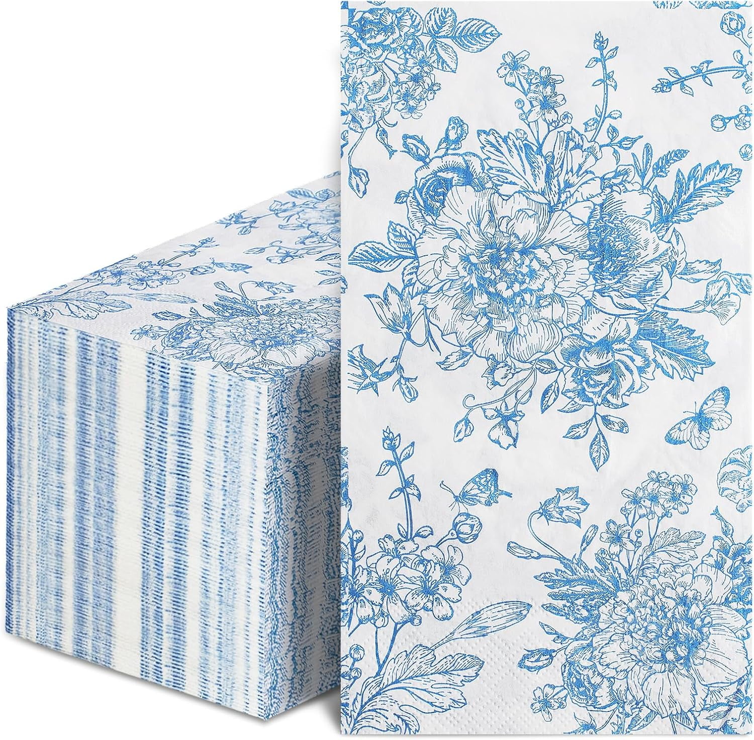 100 Pcs Blue Floral Napkins, Blue and White Decoupage Napkins Vintage Flower Butterfly Design Toile Napkin Cute Decorative Coastal Napkin for Wedding, Bridal Baby Shower,Tea Party, 5 x 5 Inch