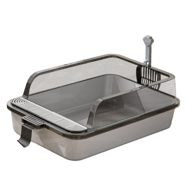 Caja de arena para gatos con parte abierta y lados altos, suministros para mascotas de PP, inodoro para gatos fácil de limpiar Gris