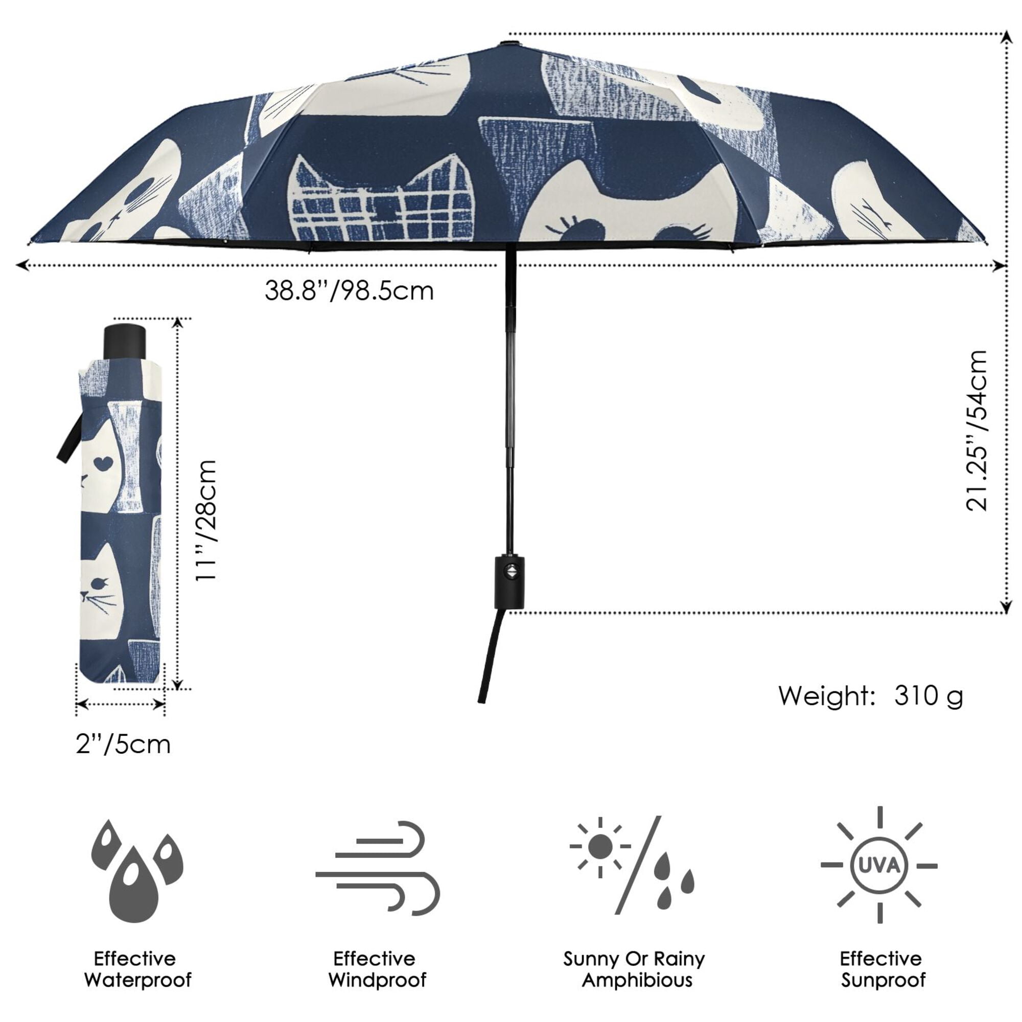 FORMRS Travel Umbrella Folding Auto Open Close Windproof Rain UV Protection, Blue Cats and Hearts