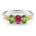 thumbnail image 2 of Gem Stone King 925 Silver and 10K Yellow Gold Oval Pink Tourmaline Green Peridot and White Lab Grown Diamond Women Ring (1.50 Cttw, Gemstone Birthstone, Size 8), 2 of 4