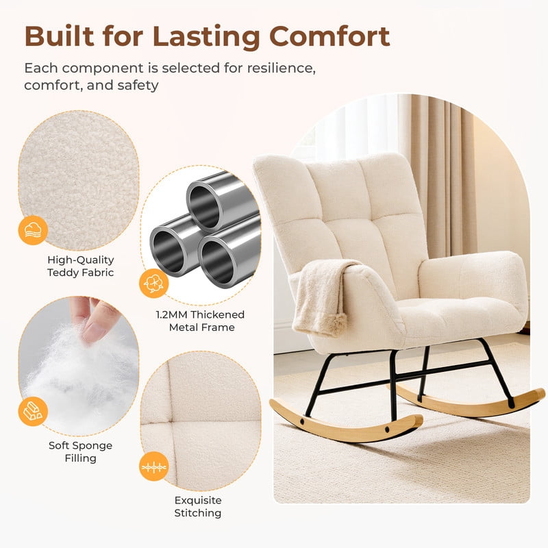 Gianna Rocking Chair with High Backrest, Teddy Upholstered Indoor Reading Glider Chair with Comfy Seat for Bedroom, Living Room, Beige